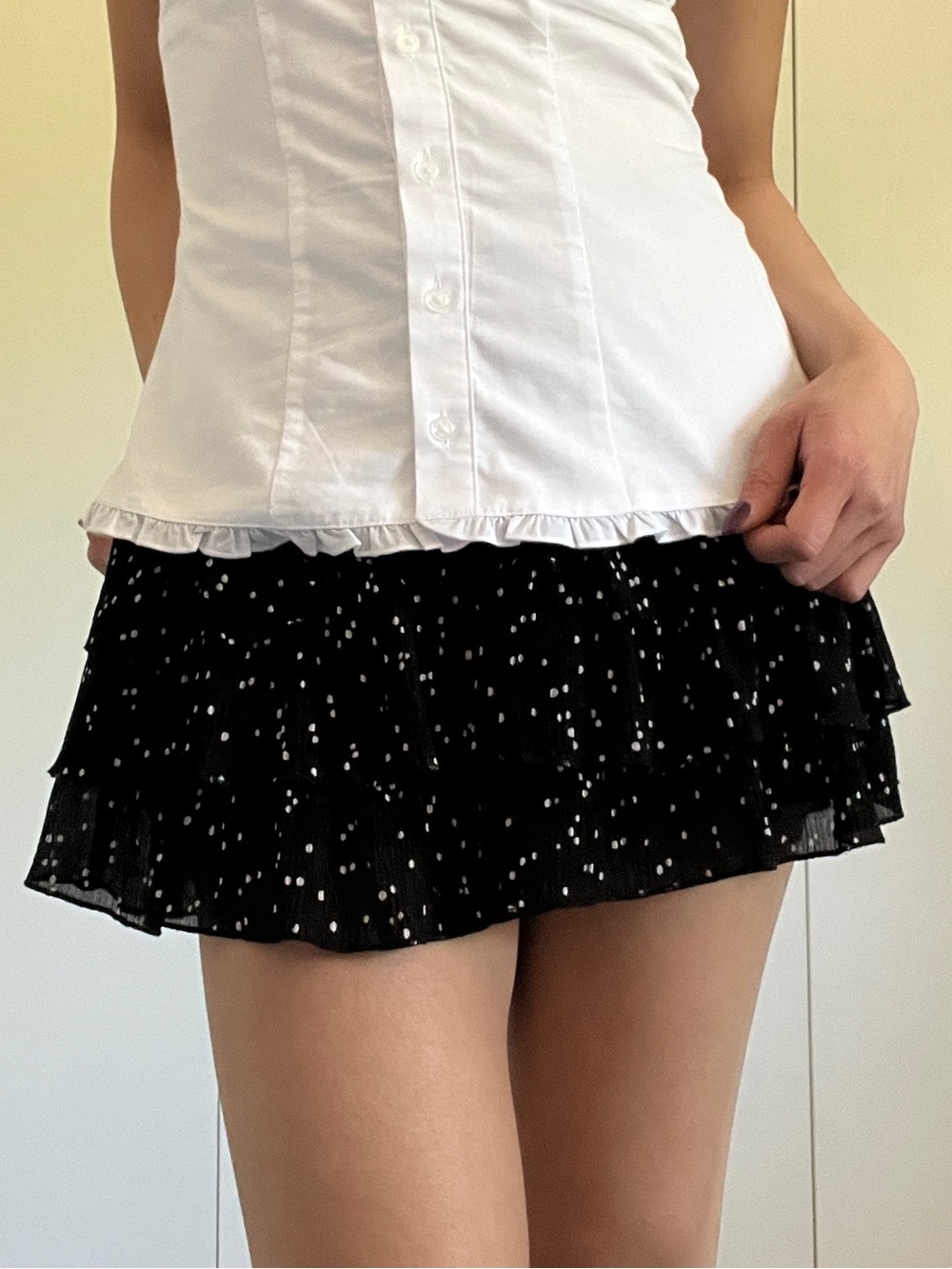 BNWOT Black Tiered Ruffle Mini Skirt with White Polka Dot Print